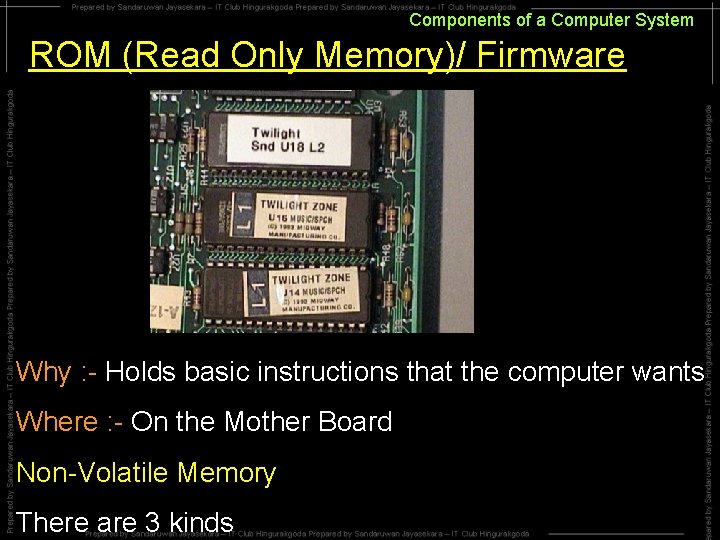 Components of a Computer System ROM (Read Only Memory)/ Firmware Why : - Holds Components of a Computer System ROM (Read Only Memory)/ Firmware Why : - Holds