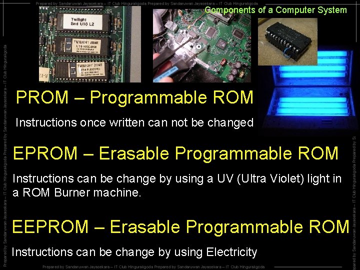 Components of a Computer System PROM – Programmable ROM Instructions once written can not Components of a Computer System PROM – Programmable ROM Instructions once written can not