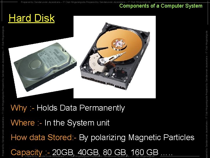 Components of a Computer System Hard Disk Why : - Holds Data Permanently Where Components of a Computer System Hard Disk Why : - Holds Data Permanently Where