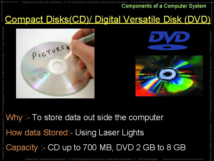 Components of a Computer System Compact Disks(CD)/ Digital Versatile Disk (DVD) Why : - Components of a Computer System Compact Disks(CD)/ Digital Versatile Disk (DVD) Why : -