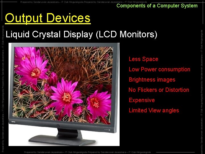 Components of a Computer System Output Devices Liquid Crystal Display (LCD Monitors) Less Space Components of a Computer System Output Devices Liquid Crystal Display (LCD Monitors) Less Space
