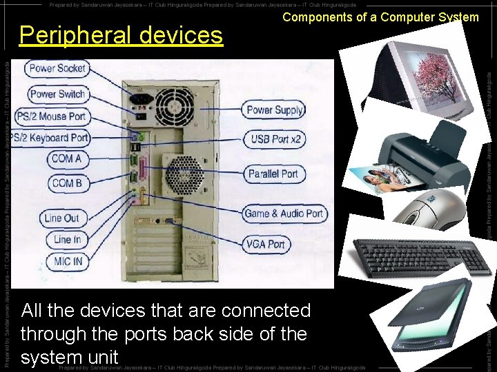 Peripheral devices Components of a Computer System All the devices that are connected through Peripheral devices Components of a Computer System All the devices that are connected through