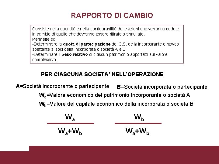 RAPPORTO DI CAMBIO Consiste nella quantità e nella configurabilità delle azioni che verranno cedute