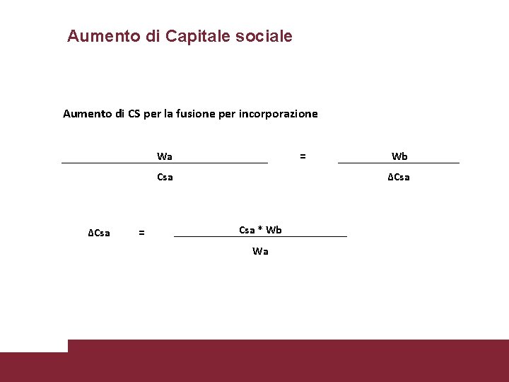 Aumento di Capitale sociale Aumento di CS per la fusione per incorporazione Wa =