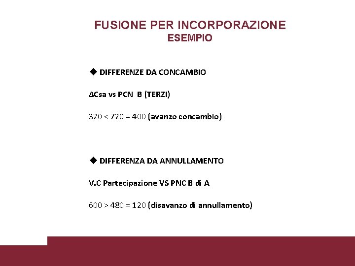 FUSIONE PER INCORPORAZIONE ESEMPIO u DIFFERENZE DA CONCAMBIO ∆Csa vs PCN B (TERZI) 320