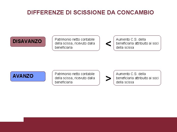 DIFFERENZE DI SCISSIONE DA CONCAMBIO DISAVANZO Patrimonio netto contabile della scissa, ricevuto dalla beneficiaria