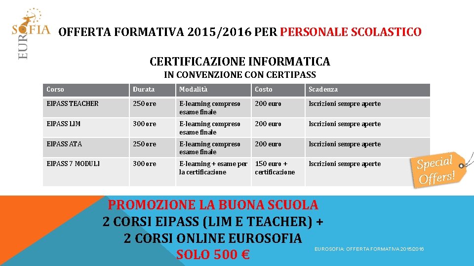 OFFERTA FORMATIVA 2015/2016 PERSONALE SCOLASTICO CERTIFICAZIONE INFORMATICA IN CONVENZIONE CON CERTIPASS Corso Durata Modalità