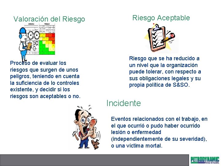 Valoración del Riesgo Proceso de evaluar los riesgos que surgen de unos peligros, teniendo