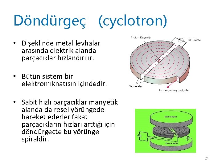 Döndürgeç (cyclotron) • D şeklinde metal levhalar arasında elektrik alanda parçacıklar hızlandırılır. • Bütün