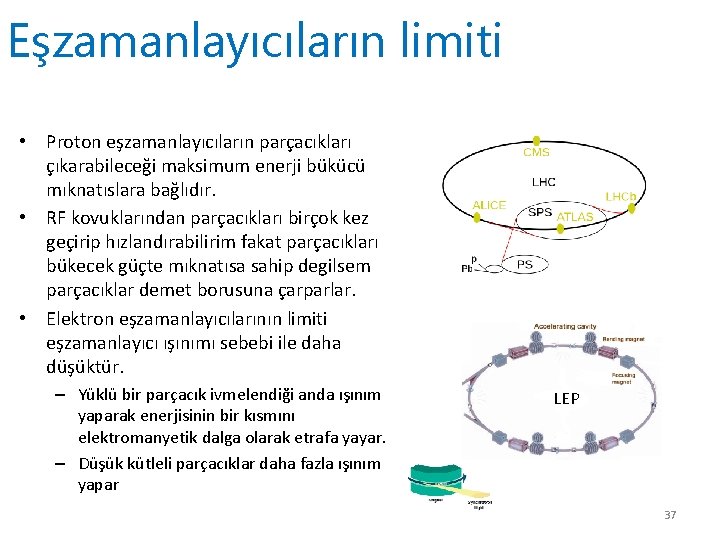 Eşzamanlayıcıların limiti • Proton eşzamanlayıcıların parçacıkları çıkarabileceği maksimum enerji bükücü mıknatıslara bağlıdır. • RF