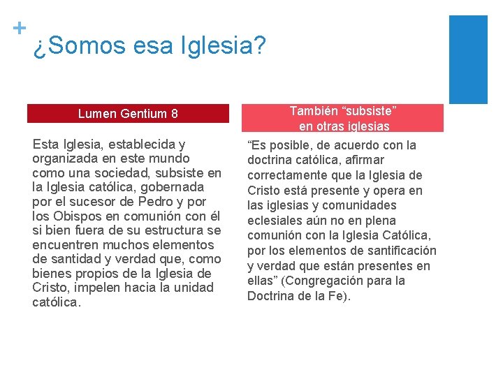 + ¿Somos esa Iglesia? Lumen Gentium 8 También “subsiste” en otras iglesias Esta Iglesia,