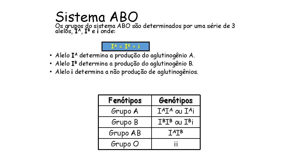 Sistema ABO Os grupos do sistema ABO são determinados por uma série de 3