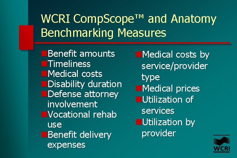 WCRI Comp. Scope™ and Anatomy Benchmarking Measures n. Benefit amounts n. Timeliness n. Medical