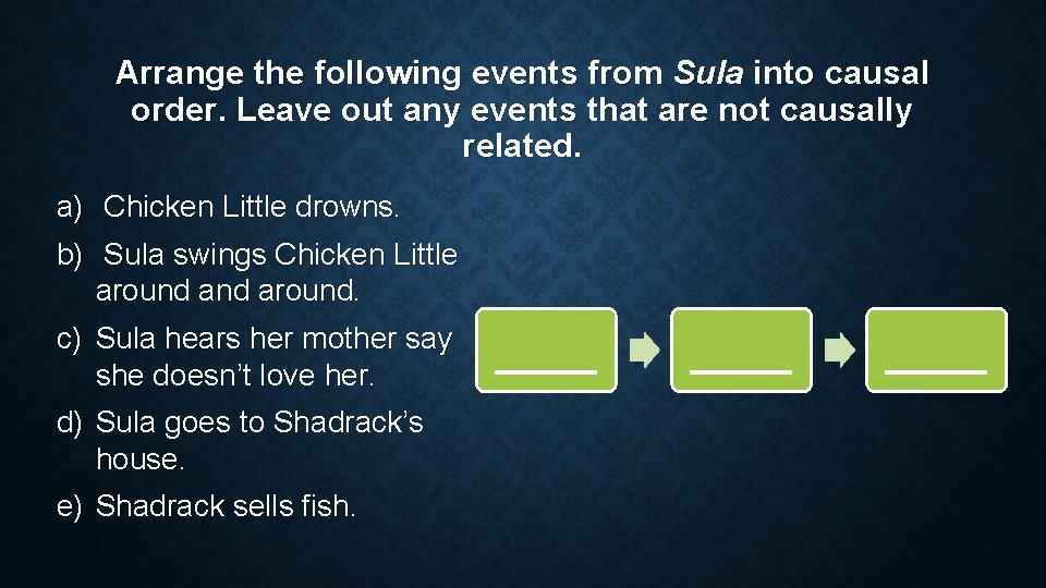 Arrange the following events from Sula into causal order. Leave out any events that Arrange the following events from Sula into causal order. Leave out any events that