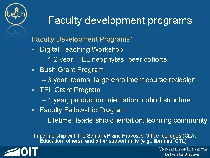 Faculty development programs Faculty Development Programs* • Digital Teaching Workshop – 1 -2 year,
