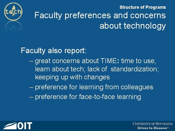 Structure of Programs Faculty preferences and concerns about technology Faculty also report: – great