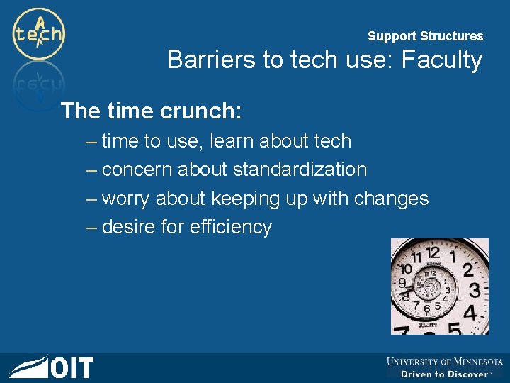 Support Structures Barriers to tech use: Faculty The time crunch: – time to use,