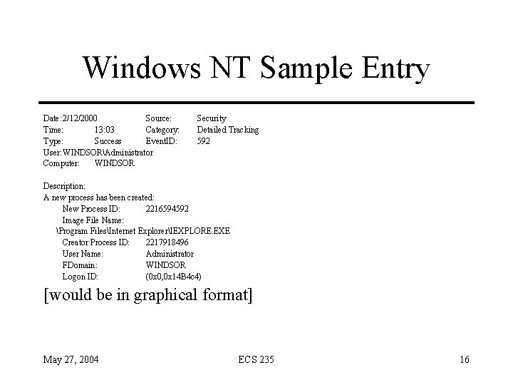Windows NT Sample Entry Date: 2/12/2000 Source: Time: 13: 03 Category: Type: Success Event.