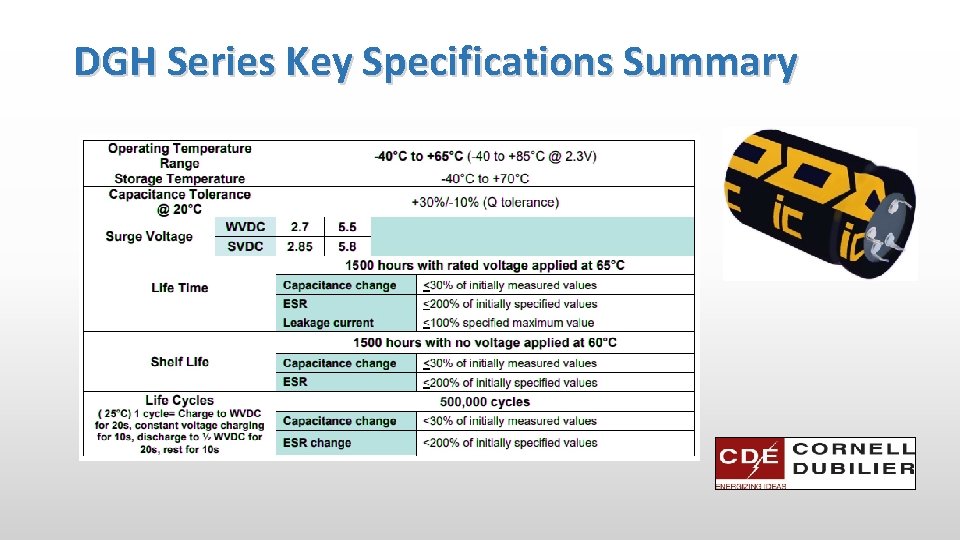 DGH Series Key Specifications Summary 