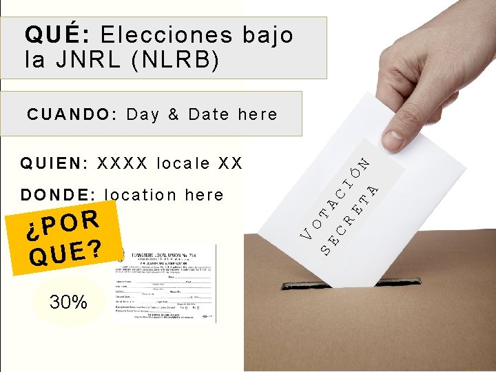 QUÉ: Elecciones bajo la JNRL (NLRB) CUANDO: Day & Date here 30% A ET