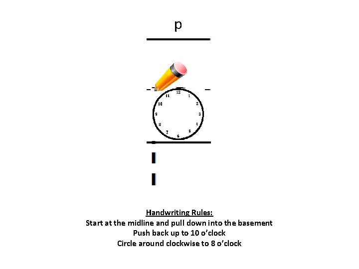p Handwriting Rules: Start at the midline and pull down into the basement Push