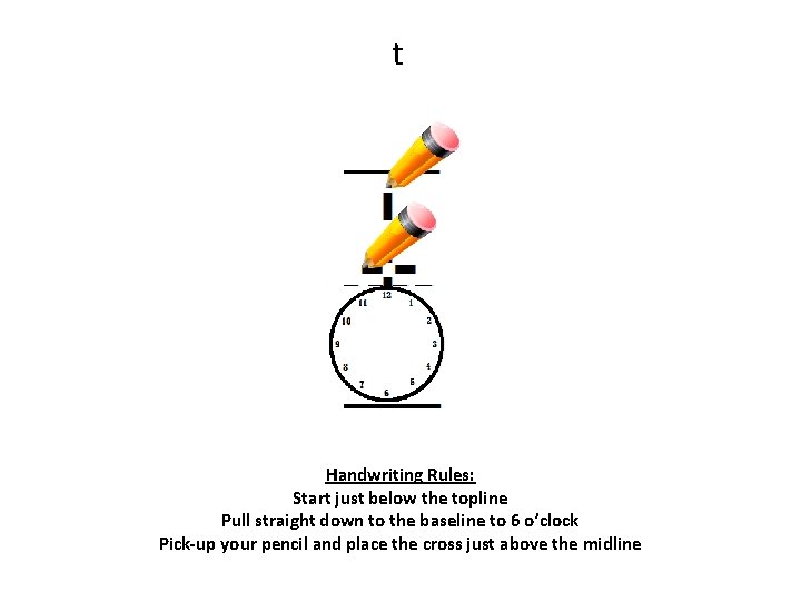 t Handwriting Rules: Start just below the topline Pull straight down to the baseline