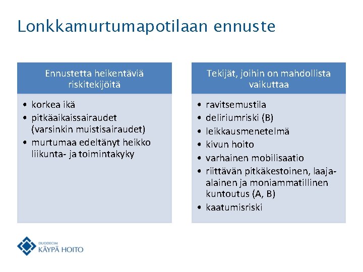 Lonkkamurtumapotilaan ennuste Ennustetta heikentäviä riskitekijöitä • korkea ikä • pitkäaikaissairaudet (varsinkin muistisairaudet) • murtumaa