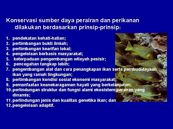 Konservasi sumber daya perairan dan perikanan dilakukan berdasarkan prinsip-prinsip: 1. 2. 3. 4. 5.