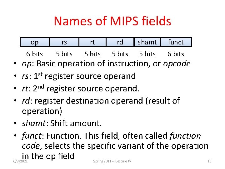 Names of MIPS fields op rs rt rd shamt funct 6 bits 5 bits