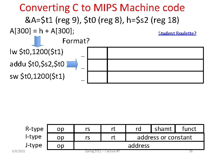 Converting C to MIPS Machine code &A=$t 1 (reg 9), $t 0 (reg 8),