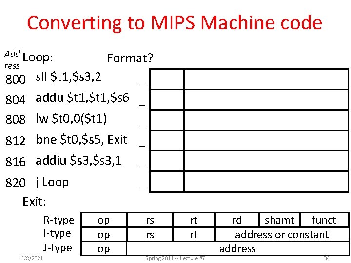 Converting to MIPS Machine code Add Loop: ress Format? 800 sll $t 1, $s
