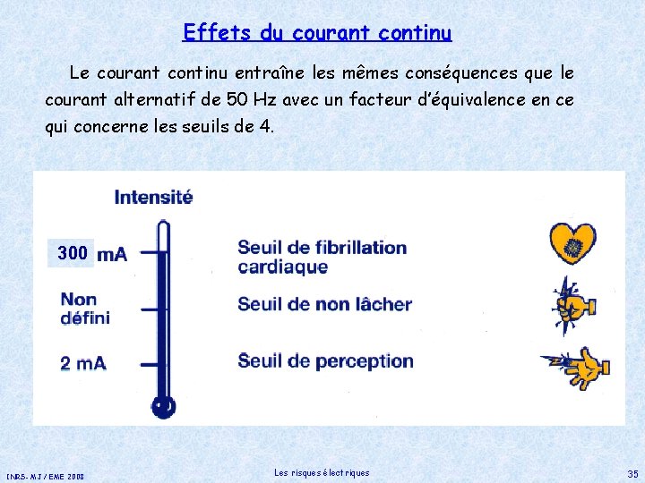 Effets du courant continu Le courant continu entraîne les mêmes conséquences que le courant