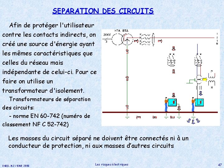 SEPARATION DES CIRCUITS Afin de protéger l'utilisateur contre les contacts indirects, on créé une