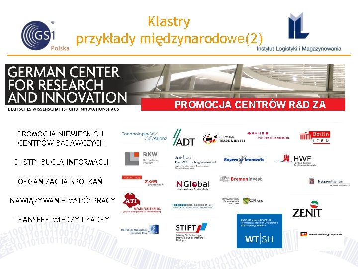 Klastry przykłady międzynarodowe(2) PROMOCJA CENTRÓW R&D ZA GRANICĄ PROMOCJA NIEMIECKICH CENTRÓW BADAWCZYCH DYSTRYBUCJA INFORMACJI