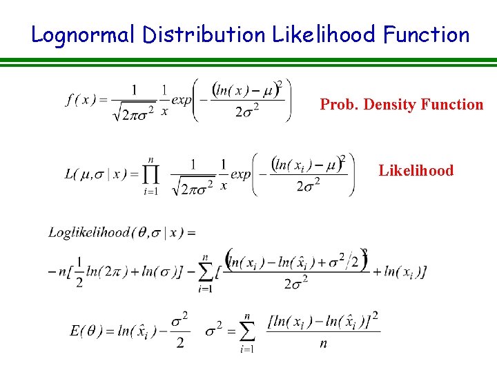 Lognormal Distribution Likelihood Function Prob. Density Function Likelihood Lognormal Distribution Likelihood Function Prob. Density Function Likelihood