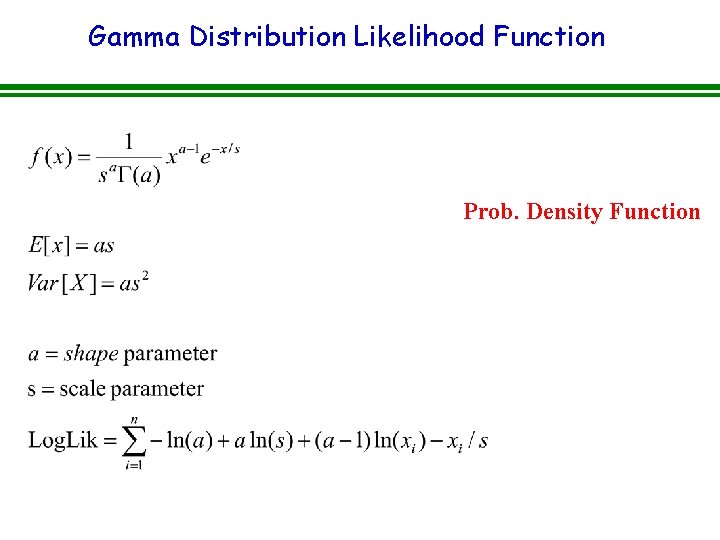 Gamma Distribution Likelihood Function Prob. Density Function Gamma Distribution Likelihood Function Prob. Density Function