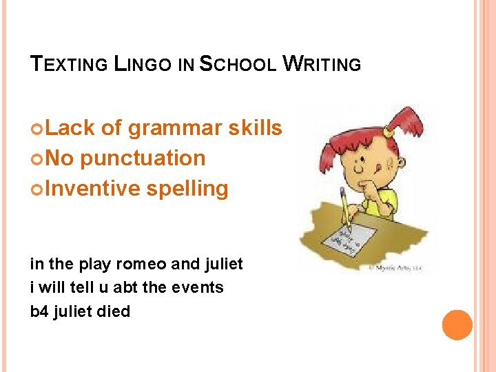 TEXTING LINGO IN SCHOOL WRITING Lack of grammar skills No punctuation Inventive spelling in