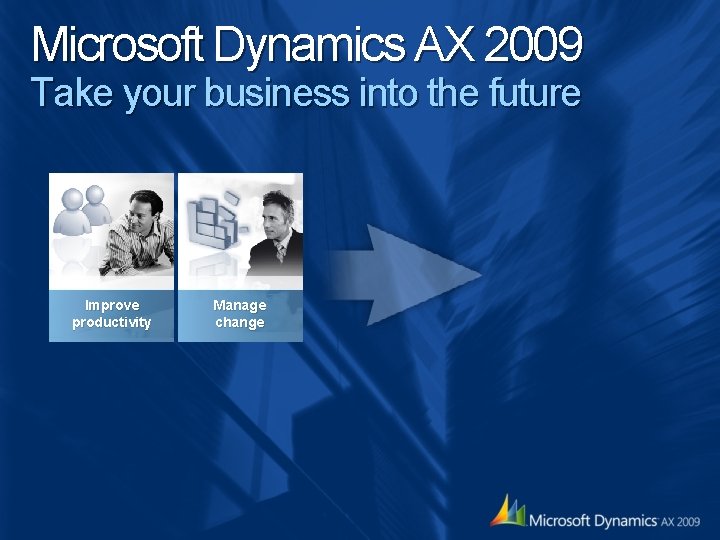 Microsoft Dynamics AX 2009 Take your business into the future Improve productivity Manage change Microsoft Dynamics AX 2009 Take your business into the future Improve productivity Manage change