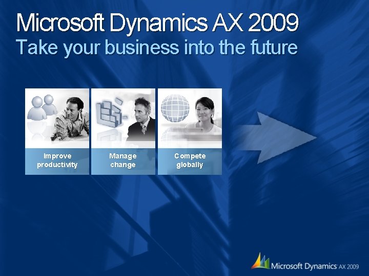 Microsoft Dynamics AX 2009 Take your business into the future Improve productivity Manage change Microsoft Dynamics AX 2009 Take your business into the future Improve productivity Manage change
