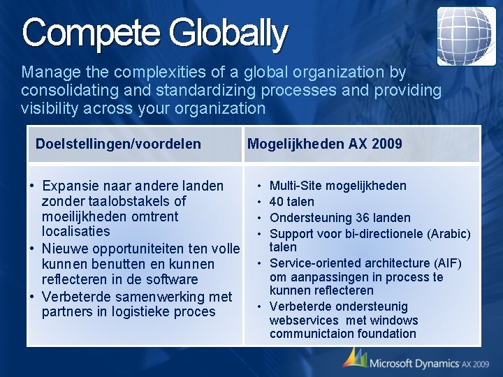 Compete Globally Manage the complexities of a global organization by consolidating and standardizing processes Compete Globally Manage the complexities of a global organization by consolidating and standardizing processes