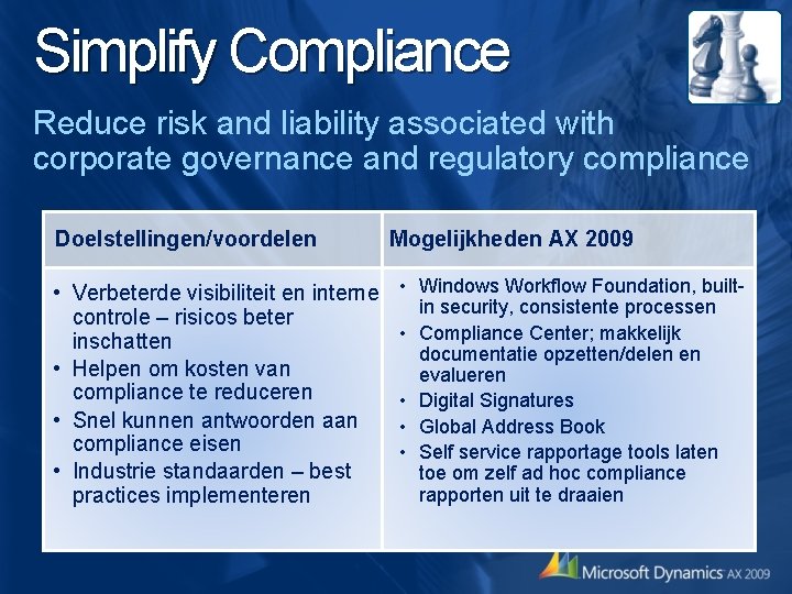 Simplify Compliance Reduce risk and liability associated with corporate governance and regulatory compliance Doelstellingen/voordelen Simplify Compliance Reduce risk and liability associated with corporate governance and regulatory compliance Doelstellingen/voordelen