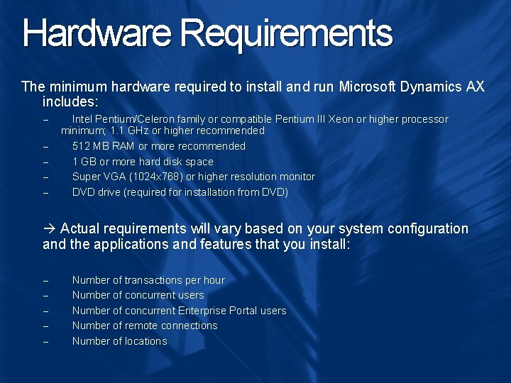 Hardware Requirements The minimum hardware required to install and run Microsoft Dynamics AX includes: Hardware Requirements The minimum hardware required to install and run Microsoft Dynamics AX includes: