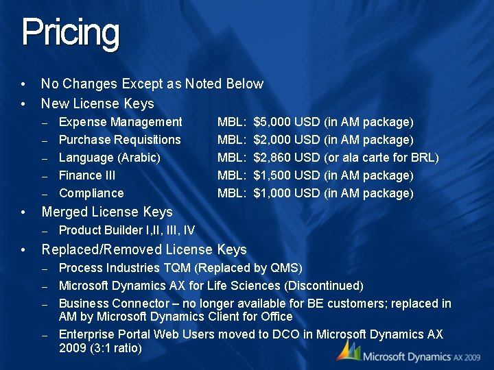 Pricing • • No Changes Except as Noted Below New License Keys – – Pricing • • No Changes Except as Noted Below New License Keys – –
