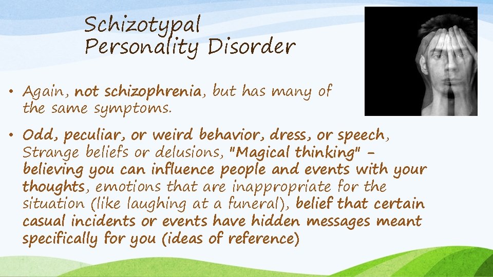 Schizotypal Personality Disorder • Again, not schizophrenia, but has many of the same symptoms.