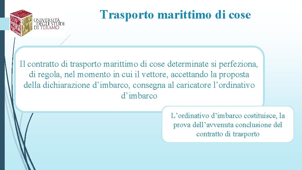 Trasporto marittimo di cose Il contratto di trasporto marittimo di cose determinate si perfeziona,