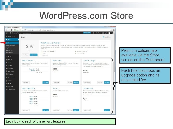 Word. Press. com Store Premium options are available via the Store screen on the