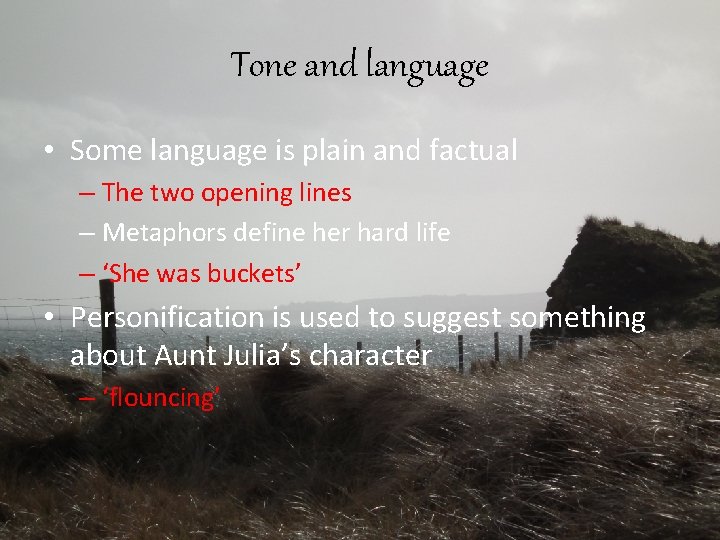 Tone and language • Some language is plain and factual – The two opening