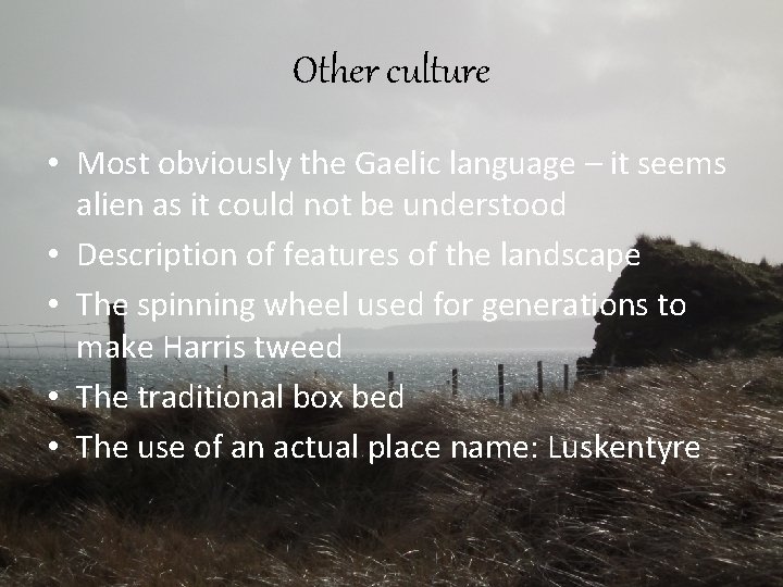Other culture • Most obviously the Gaelic language – it seems alien as it