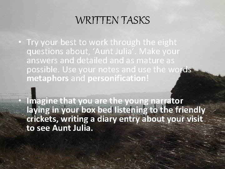 WRITTEN TASKS • Try your best to work through the eight questions about, ‘Aunt
