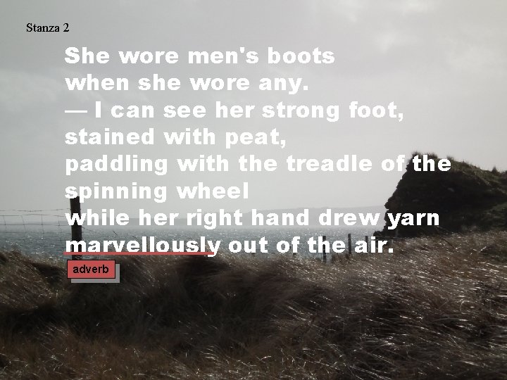 Stanza 2 She wore men's boots when she wore any. — I can see